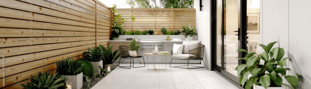 Modern Patio with Wooden Fence and Greenery Modern Patio with Wooden Fence and Greenery