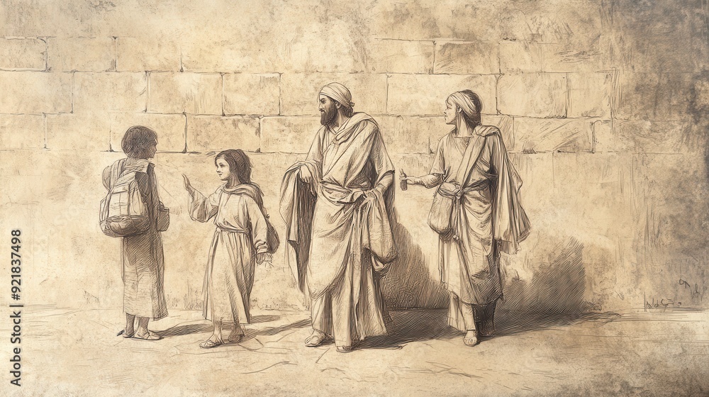 Fototapeta premium Biblical Illustration of David’s Family Joining Him at Adullam, Offering Support and Companionship, Bible Wall Art with Beige Background