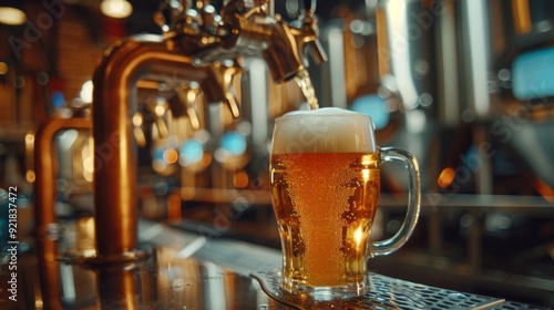 A glass of beer is poured from a tap into a glass