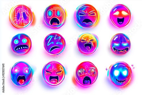  Design a collection of emojis in a cyberpunk style, featuring neon colors, glitch effects, and a dystopian futuristic aesthetic. The emojis should look digital and edgy , 100% white background