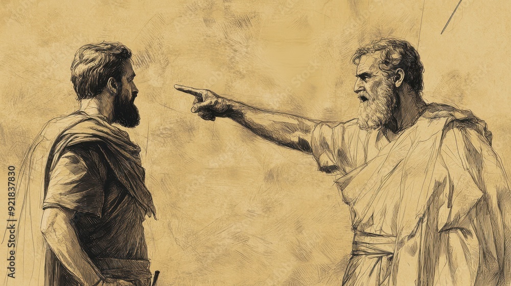 Fototapeta premium Biblical Illustration of Ahimelech Defending His Actions Before Saul, Believing David Was on a Mission for the King, Bible Wall Art with Beige Background