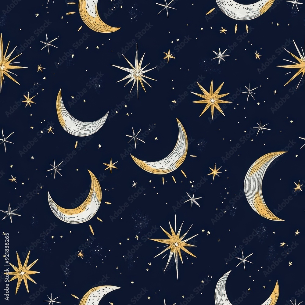 Naklejka premium Hand Drawn Night Sky With Stars and Moons Seamless Pattern