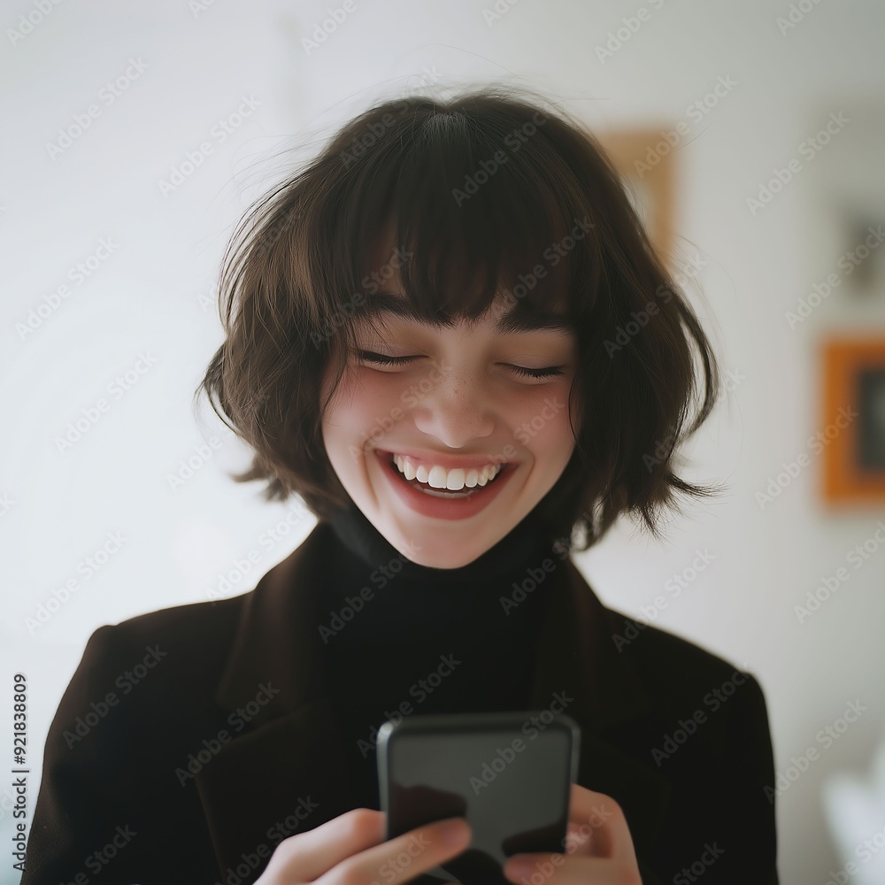 An attractive woman with short dark brown hair in a black turtleneck laughs at her phone, captured with natural lighting. An attractive woman with short dark brown hair in a black turtleneck laughs at her phone, captured with natural lighting.