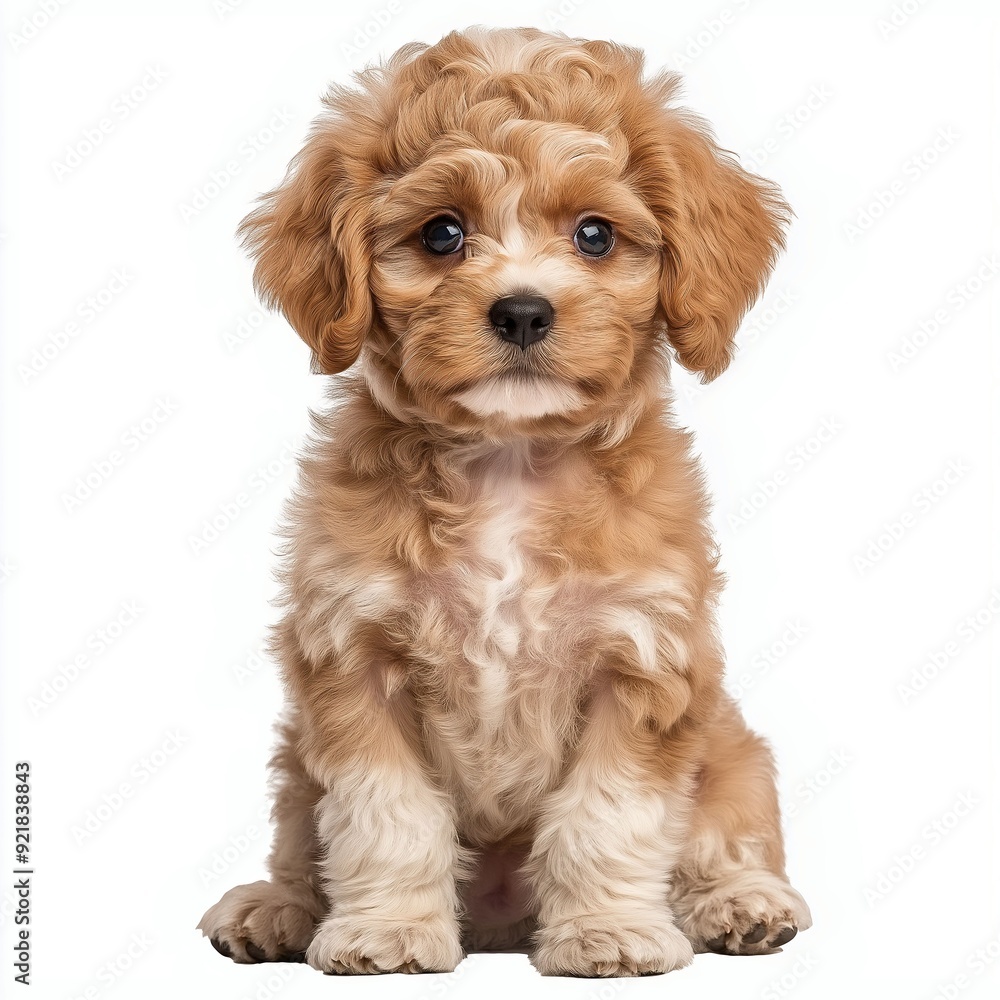 Cute Cavapoo puppy with chestnut fur sitting and looking at the camera, isolated on a white background, photo-realistic style. Cute Cavapoo puppy with chestnut fur sitting and looking at the camera, isolated on a white background, photo-realistic style.