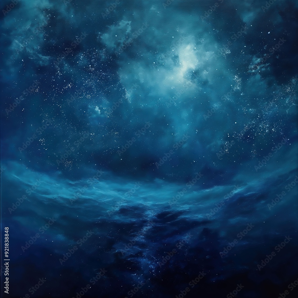 A dark blue starry sky above a deep, swirling ocean, in a dreamy, serene fantasy art style with hyper-realistic details. A dark blue starry sky above a deep, swirling ocean, in a dreamy, serene fantasy art style with hyper-realistic details.