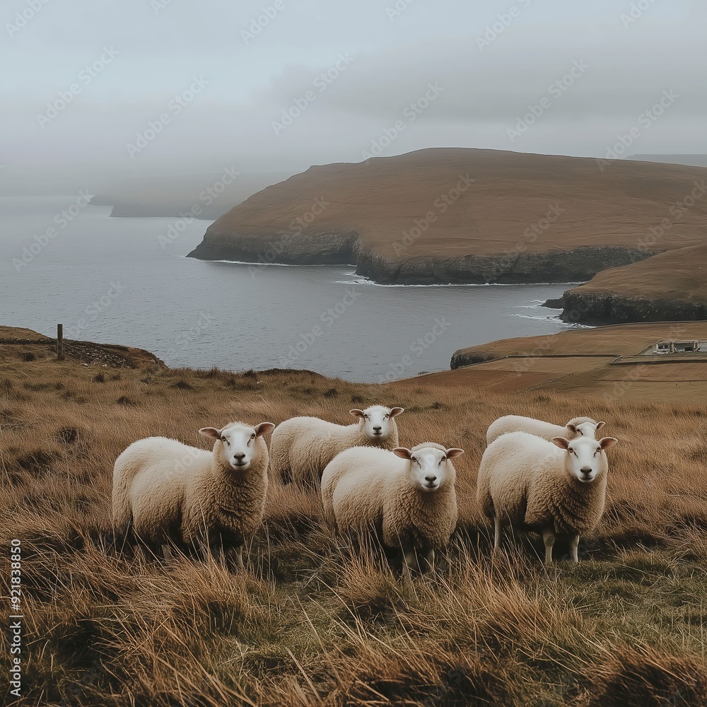 Obraz premium A group of sheep on Scotland's coast in autumn, facing the camera, with cliffs and the sea in the background under an overcast sky.
