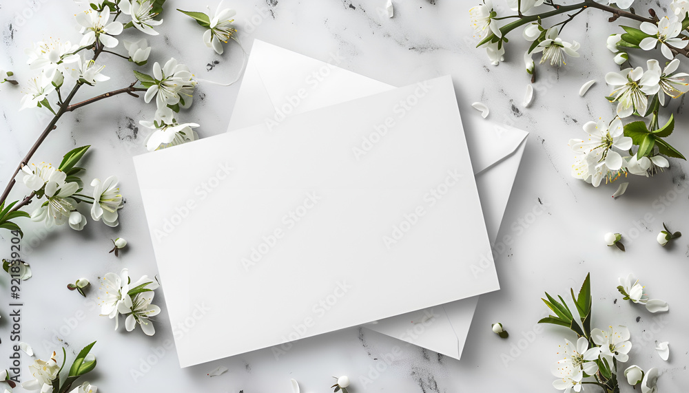 Mockup white greeting card and envelope with white flowers and light background Mockup white greeting card and envelope with white flowers and light background