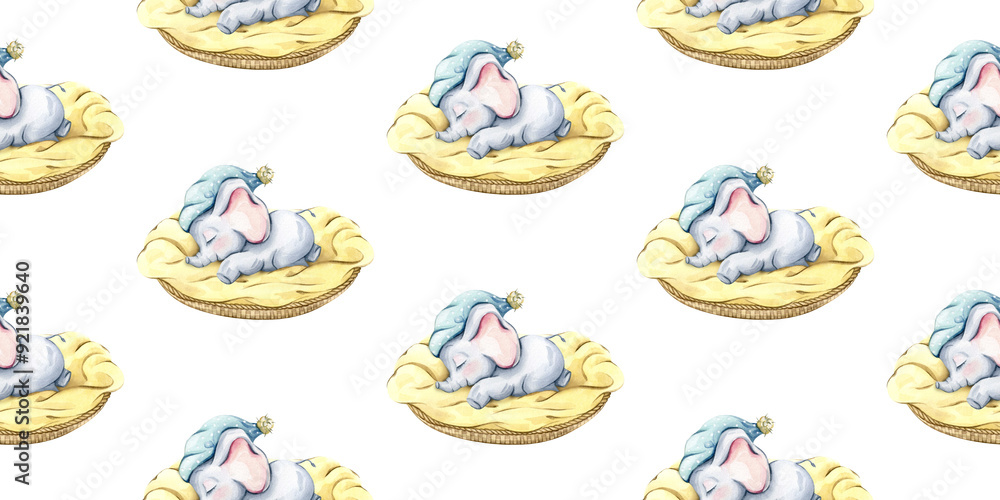 Naklejka premium Cute elephant baby sleeping on a cloud. Watercolor seamless background for children's bedroom, wallpaper, bed linen..