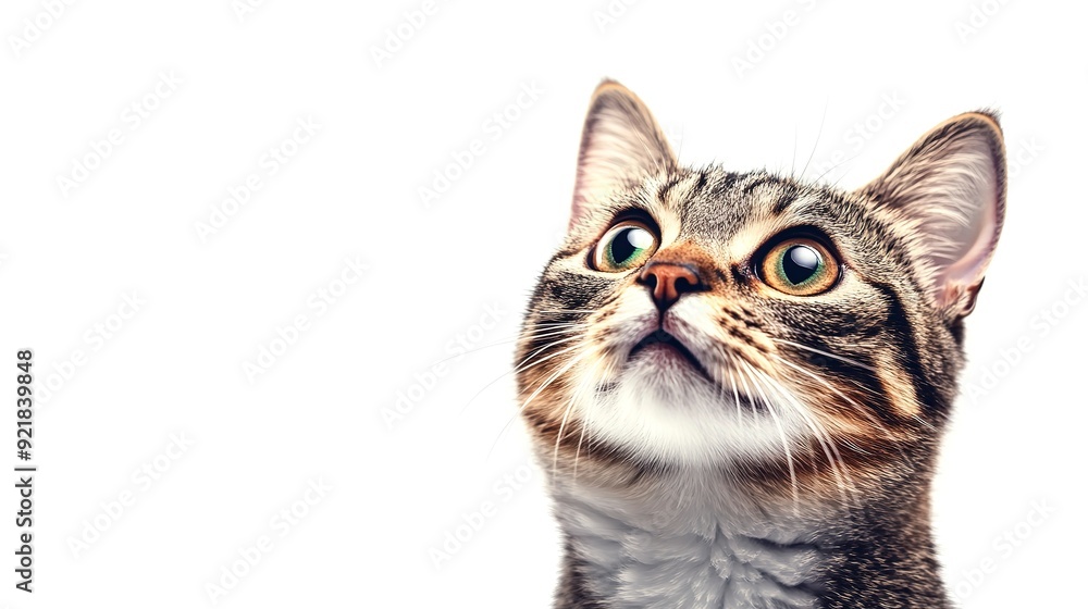 Close up of astonished striped shorthair cat in Hype realistic style on white vertical background Close up of astonished striped shorthair cat in Hype realistic style on white vertical background