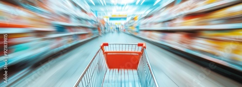 Shopping Cart Moving Through a Blurry Supermarket Aisle photo