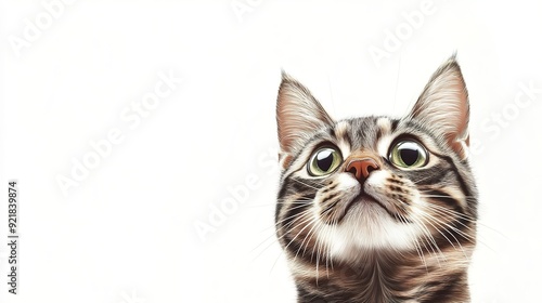 Close up of astonished striped shorthair cat in Hype realistic style on white vertical background 