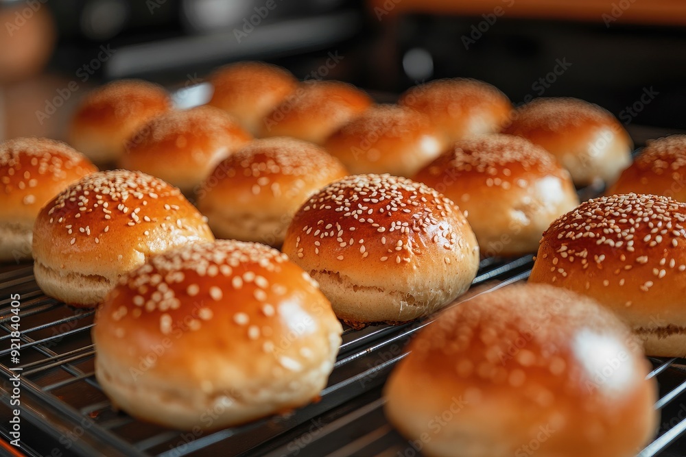 Freshly baked burger buns with sesame seeds. Perfect for showcasing a delicious burger. Freshly baked burger buns with sesame seeds. Perfect for showcasing a delicious burger.