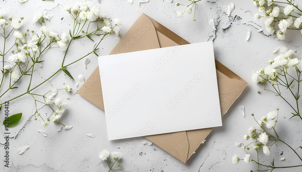 Mockup white greeting card and envelope with white flowers and light background Mockup white greeting card and envelope with white flowers and light background
