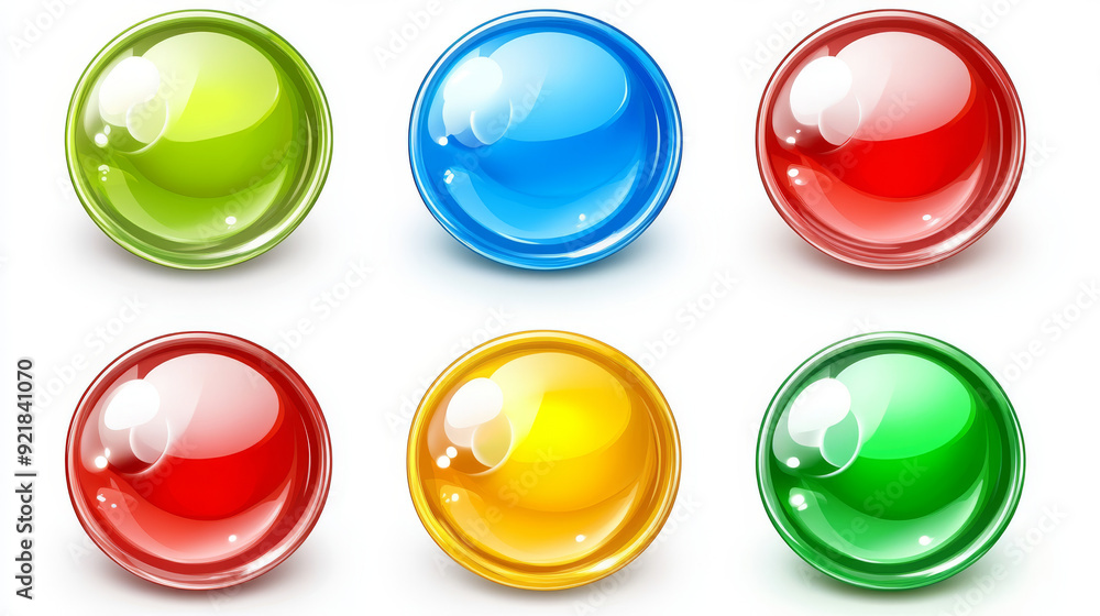 Glossy circle buttons and 3D round icons. Set of colored glass spheres isolated on a white background, including shiny blue, green, red, and yellow circle web buttons. Vector cartoon illustration. Glossy circle buttons and 3D round icons. Set of colored glass spheres isolated on a white background, including shiny blue, green, red, and yellow circle web buttons. Vector cartoon illustration.