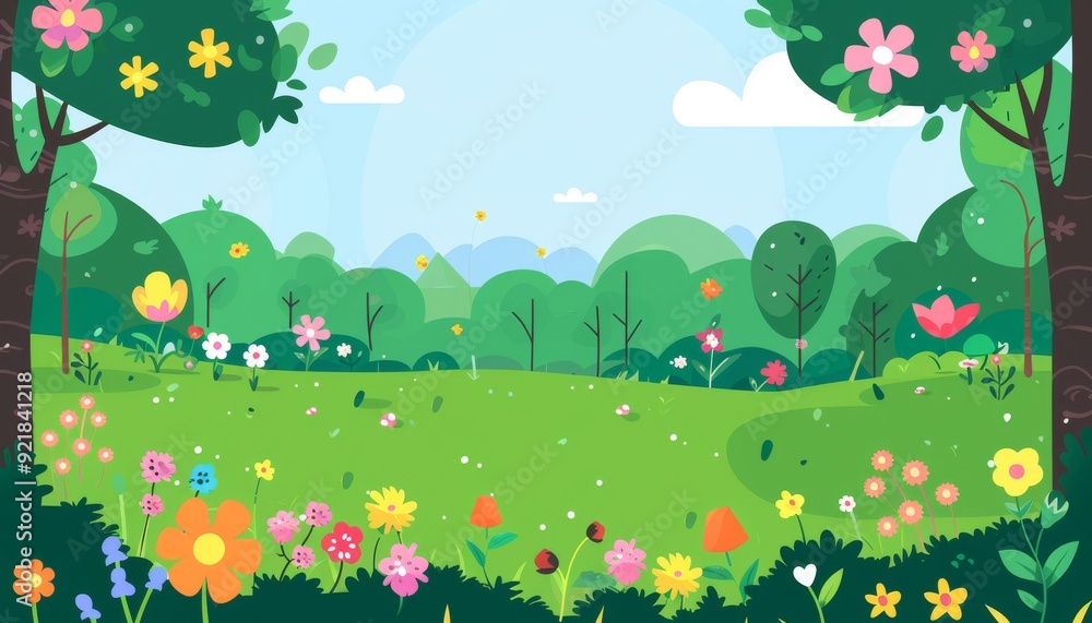 Vibrant spring meadow sunrise. Peaceful forest clearing at dawn. Cartoon illustration background. Vibrant spring meadow sunrise. Peaceful forest clearing at dawn. Cartoon illustration background.