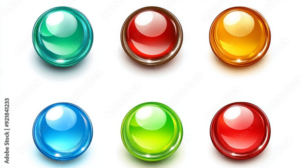 Glossy circle buttons and 3D round icons. Set of colored glass spheres isolated on a white background, including shiny blue, green, red, and yellow circle web buttons. Vector cartoon illustration. Glossy circle buttons and 3D round icons. Set of colored glass spheres isolated on a white background, including shiny blue, green, red, and yellow circle web buttons. Vector cartoon illustration.