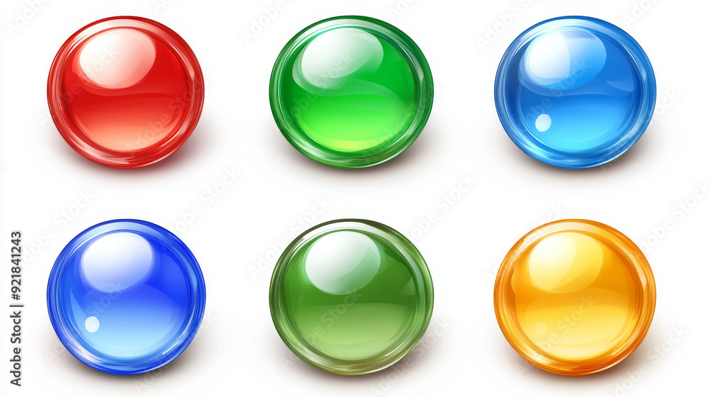 Glossy circle buttons and 3D round icons. Set of colored glass spheres isolated on a white background, including shiny blue, green, red, and yellow circle web buttons. Vector cartoon illustration. Glossy circle buttons and 3D round icons. Set of colored glass spheres isolated on a white background, including shiny blue, green, red, and yellow circle web buttons. Vector cartoon illustration.