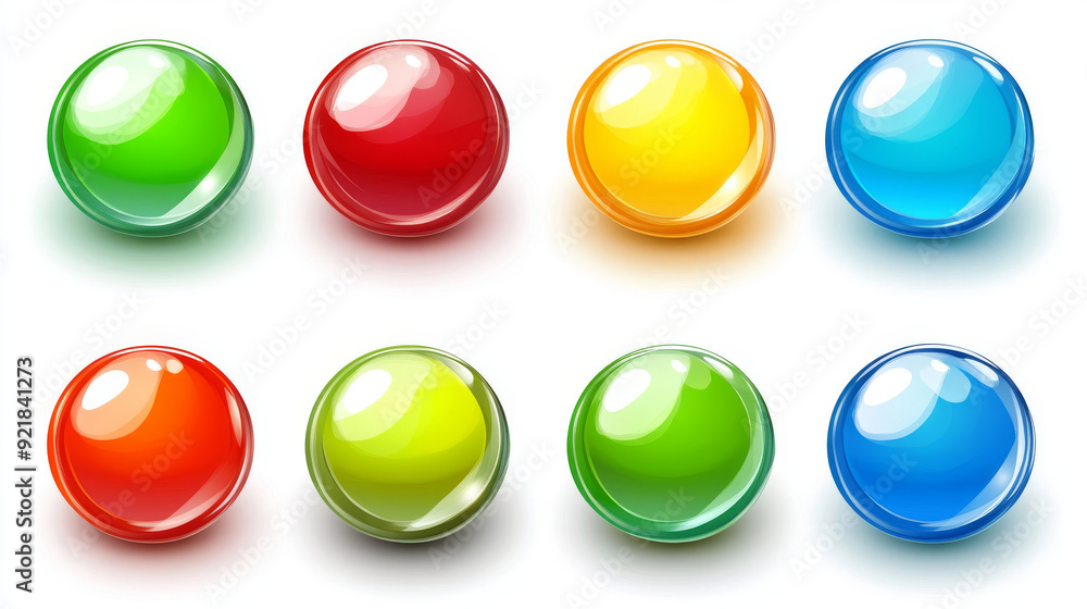 Glossy circle buttons and 3D round icons. Set of colored glass spheres isolated on a white background, including shiny blue, green, red, and yellow circle web buttons. Vector cartoon illustration. Glossy circle buttons and 3D round icons. Set of colored glass spheres isolated on a white background, including shiny blue, green, red, and yellow circle web buttons. Vector cartoon illustration.