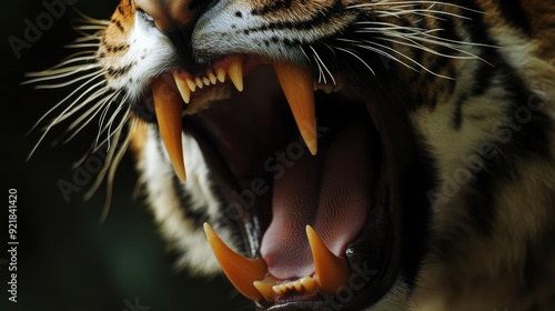 Close-up of a Tiger's Open Mouth Revealing Sharp Fangs