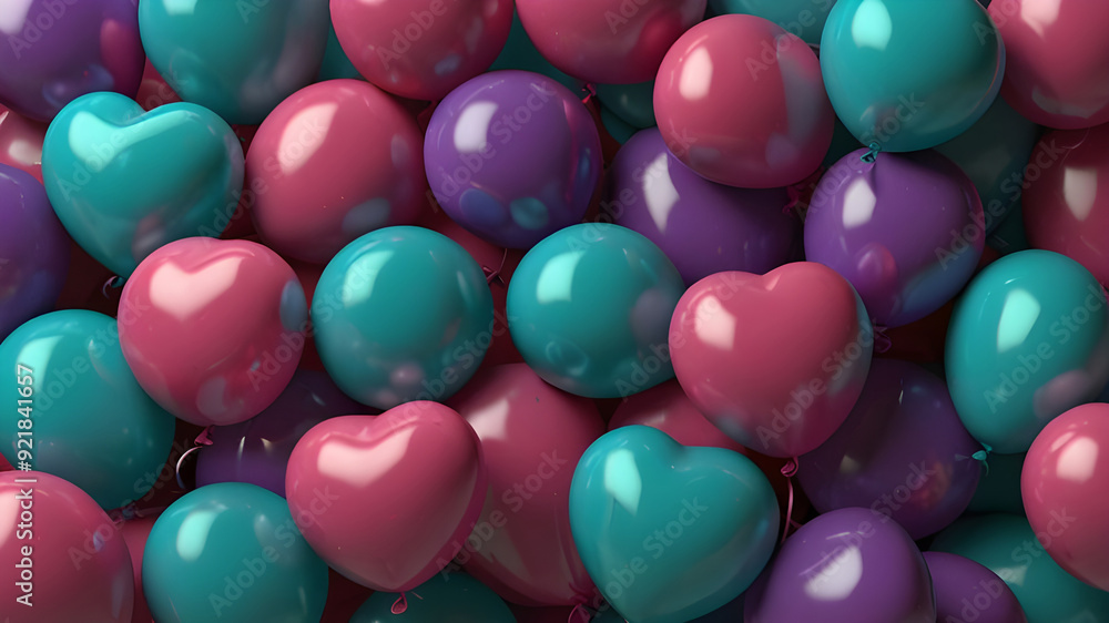 Balloon Love Hearts in Multiple Colors. Shaped like a heart, the balloons are pink, violet, and turquoise. 3D model generation. Balloon Love Hearts in Multiple Colors. Shaped like a heart, the balloons are pink, violet, and turquoise. 3D model generation.