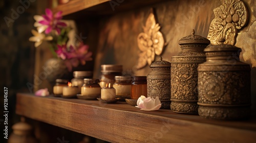 Ornate Jars on a Wooden Shelf photo