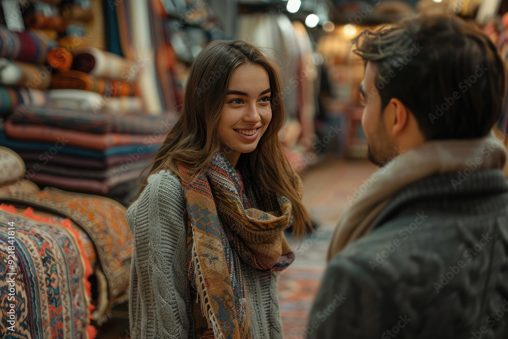 Young male client is discussing with a salesman about a carpet he is interested in buying in a store specialized in oriental carpets Young male client is discussing with a salesman about a carpet he is interested in buying in a store specialized in oriental carpets