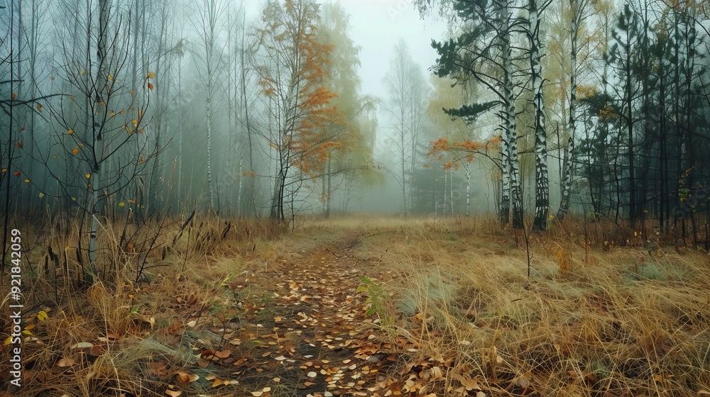 Fototapeta premium Autumn deciduous forest trees, dried grass, leaves, and fog create a realistic scenic photo