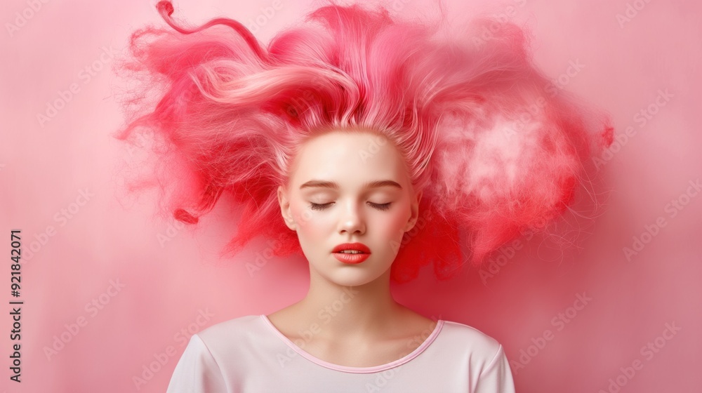 A model with striking pink hair stands still, surrounded by a soft pink backdrop, showcasing a bold and artistic hairstyle that emphasizes color and texture A model with striking pink hair stands still, surrounded by a soft pink backdrop, showcasing a bold and artistic hairstyle that emphasizes color and texture