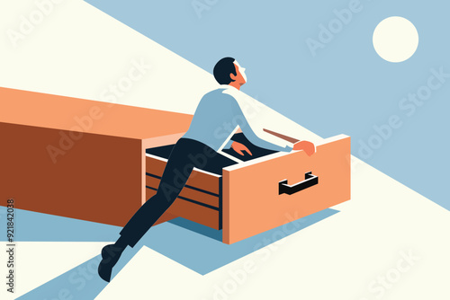 growth mindset, leaving comfort zone concept. man climbing out of drawer - box. positive inspiration. minimal flat cartoon vector art 