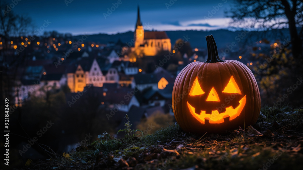 Leuchtender Halloween Kürbis mit Stadt in Deutschland im Hintergrund