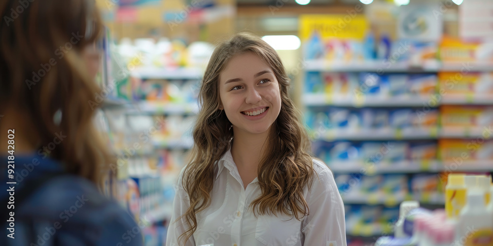 A smiling salesperson helps a customer choose baby food for a baby in a pharmacy or children's goods store A smiling salesperson helps a customer choose baby food for a baby in a pharmacy or children's goods store