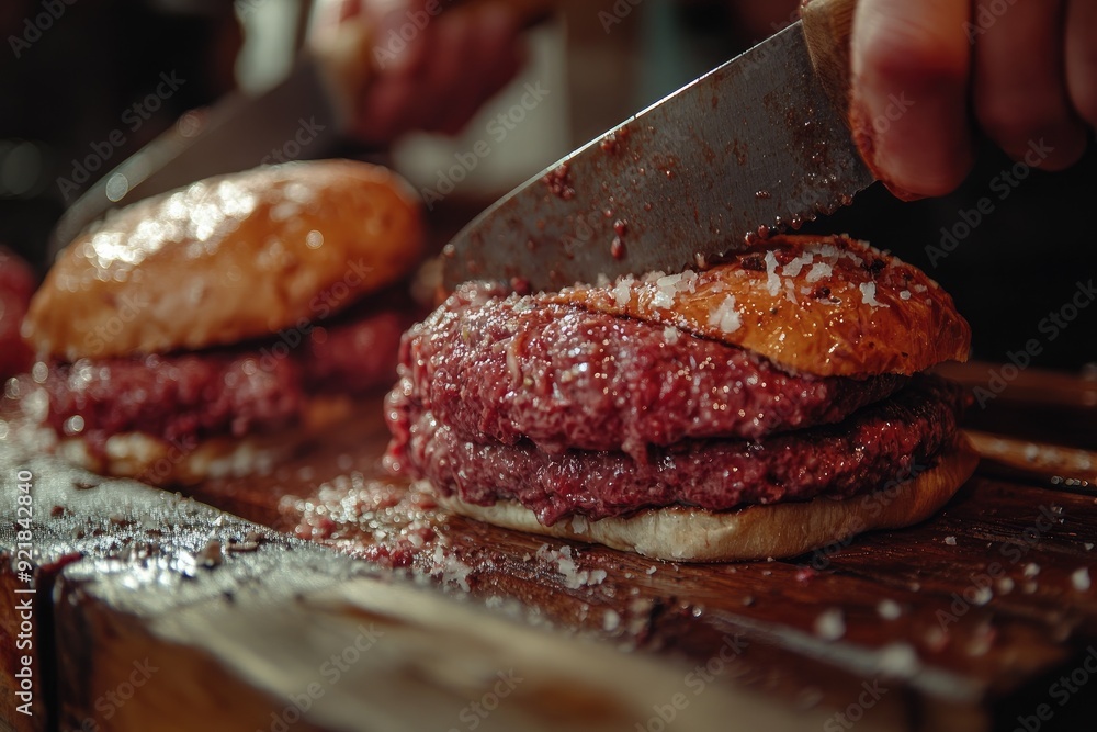A close-up of a burger with a knife cutting through it. This photo is perfect for showcasing the preparation and assembly of a delicious burger. A close-up of a burger with a knife cutting through it. This photo is perfect for showcasing the preparation and assembly of a delicious burger.