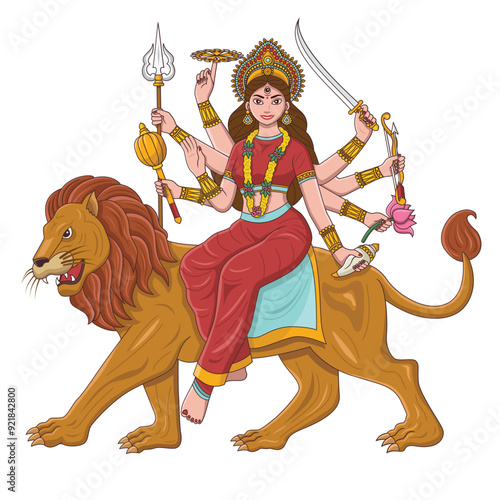 Illustration of Goddess Durga, a powerful Hindu goddess, riding a lion. She is depicted with multiple arms, each holding a different weapon or symbol