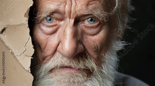 An elderly man stands near a cracked wall, displaying deep lines on his face and intense blue eyes that reflect a lifetime of experiences photo