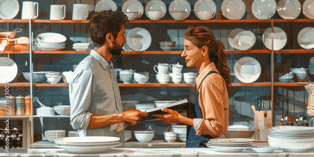 Obraz premium A young salesperson helps a customer choose a saucepan in a brightly colored kitchenware store, demonstrating professionalism and friendly service.