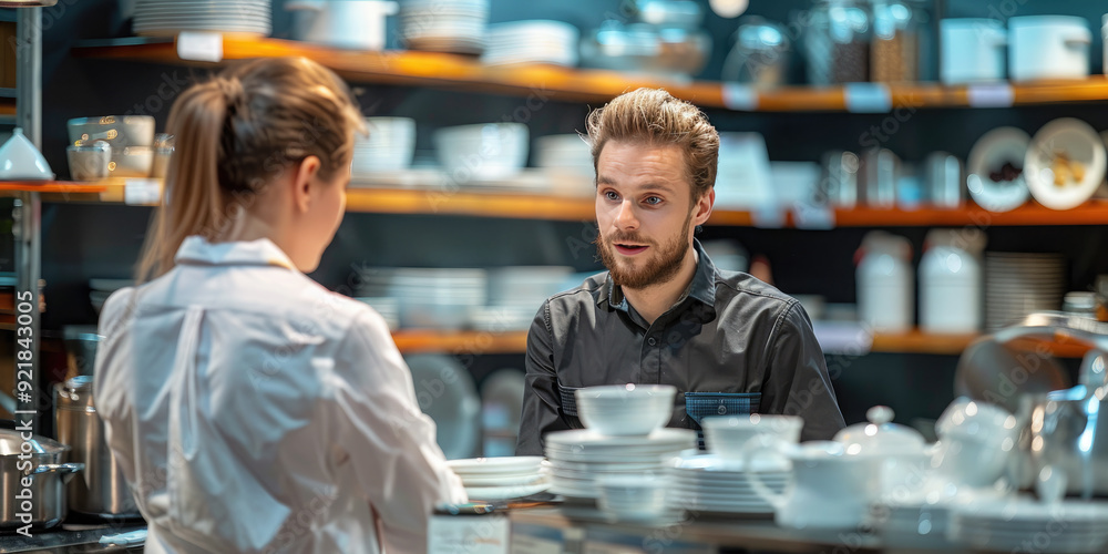 A young salesperson helps a customer choose a saucepan in a brightly colored kitchenware store, demonstrating professionalism and friendly service.