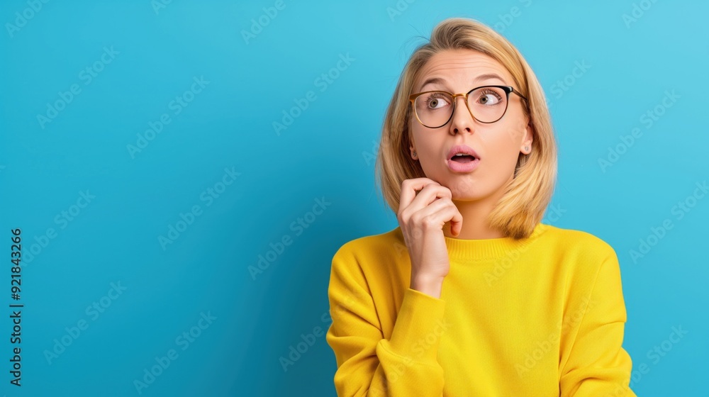 A young woman wearing glasses and a yellow sweater looks surprised while touching her chin, with a vibrant blue backdrop enhancing the moment A young woman wearing glasses and a yellow sweater looks surprised while touching her chin, with a vibrant blue backdrop enhancing the moment