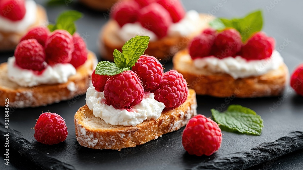 Small Crostini with Whipped Cream and Raspberries on a Black Platter with Mint Garnish.: 31 tokens Small Crostini with Whipped Cream and Raspberries on a Black Platter with Mint Garnish.: 31 tokens
