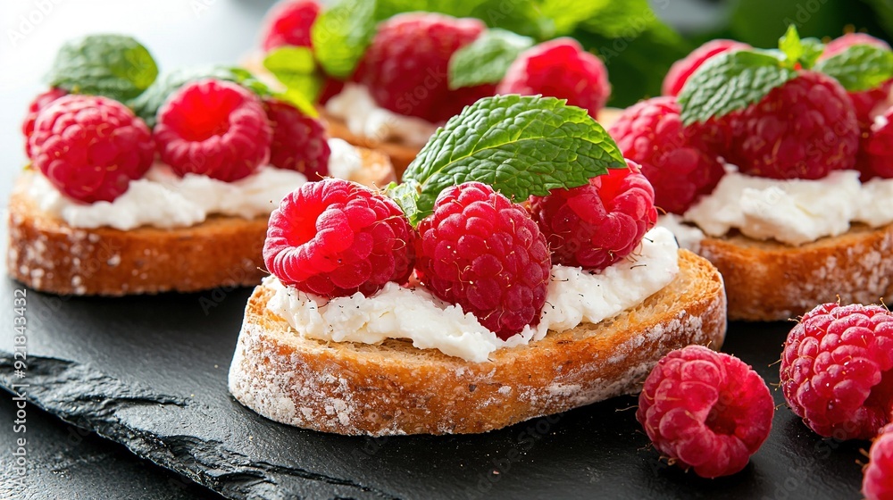 A close-up of a plate with raspberries, whipped cream, and bread A close-up of a plate with raspberries, whipped cream, and bread