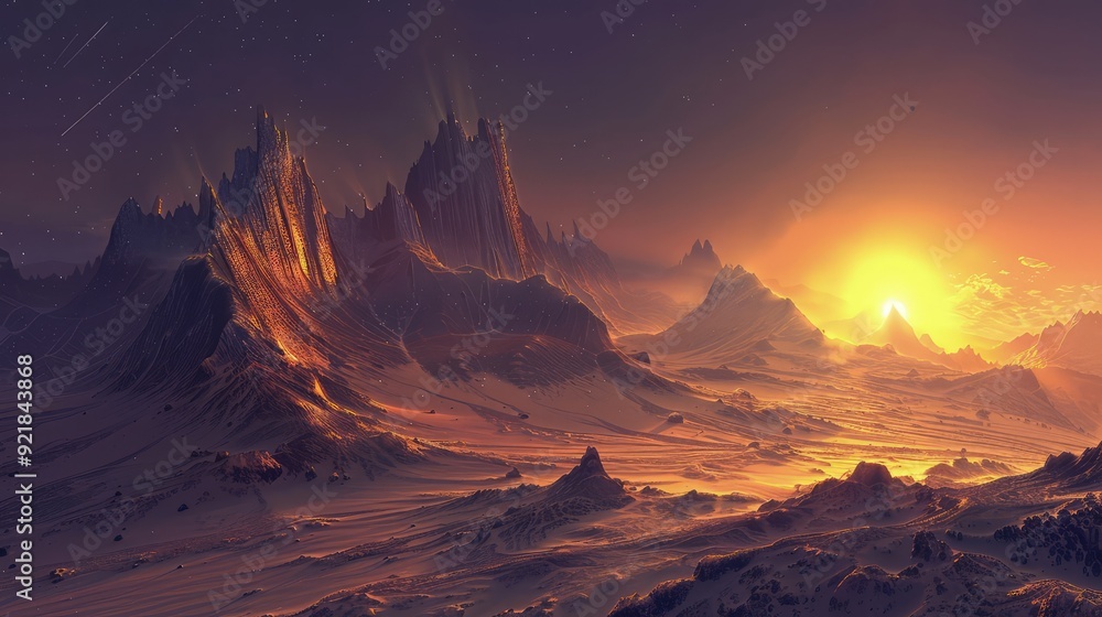 Naklejka premium An alien landscape at dawn, with the first light of a glowing sun peeking over the horizon, casting a golden light on the rugged, otherworldly mountains. The sky transitions from dark to light.