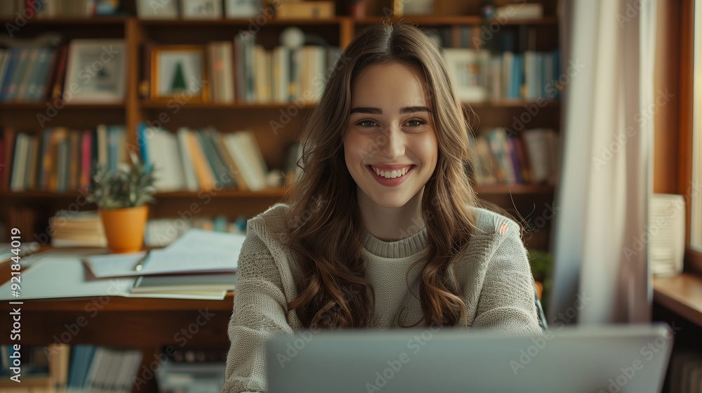Happy young woman working remotely on a virtual video team meeting call, remote work and flexible culture concept Happy young woman working remotely on a virtual video team meeting call, remote work and flexible culture concept