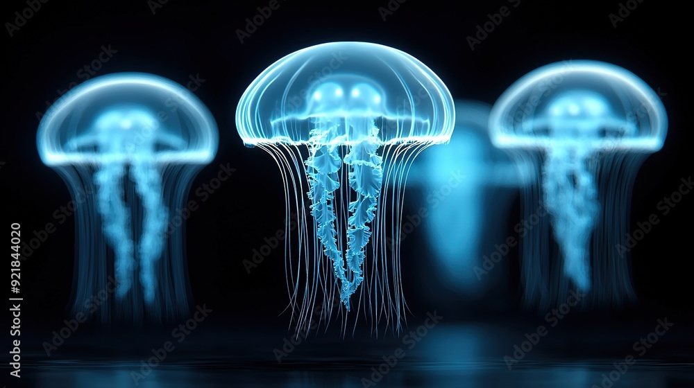 Obraz premium A group of jellyfish floating in a dark room, illuminated by a blue light emanating from below