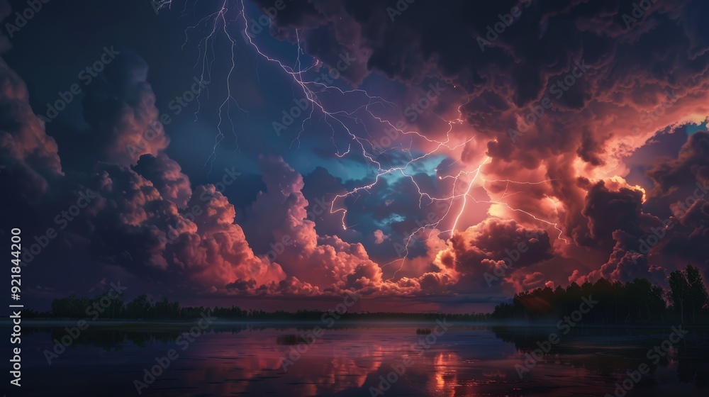 Dramatic realistic photo of massive lightning storm striking ground, illuminating menacing landscape Dramatic realistic photo of massive lightning storm striking ground, illuminating menacing landscape