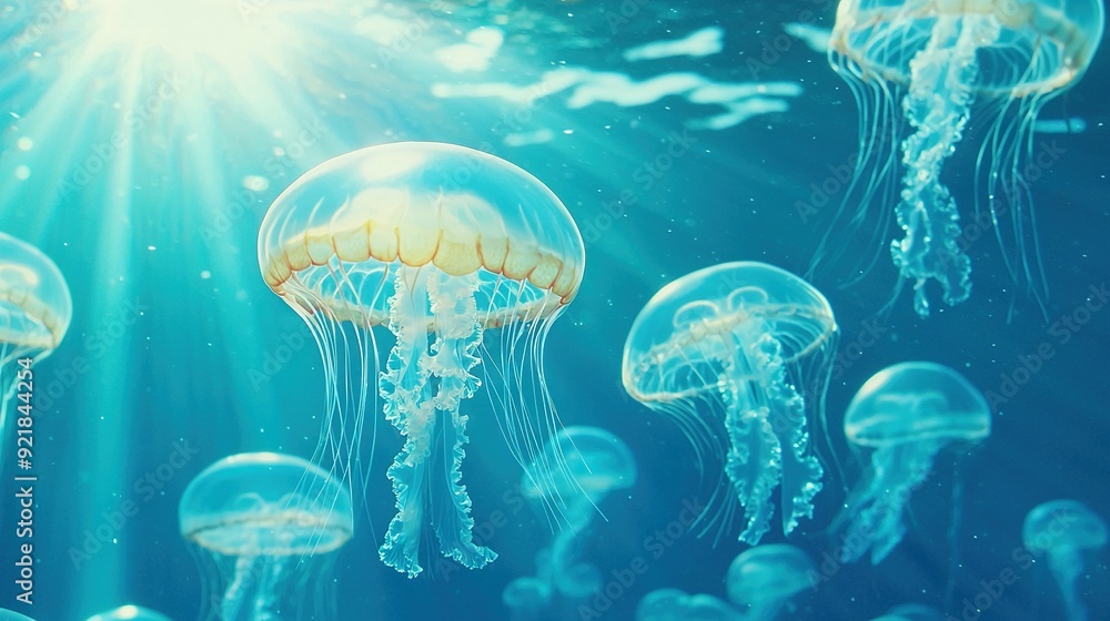 A cluster of jellyfish floating on the ocean with sunlight filtering through water bubbles in the background A cluster of jellyfish floating on the ocean with sunlight filtering through water bubbles in the background