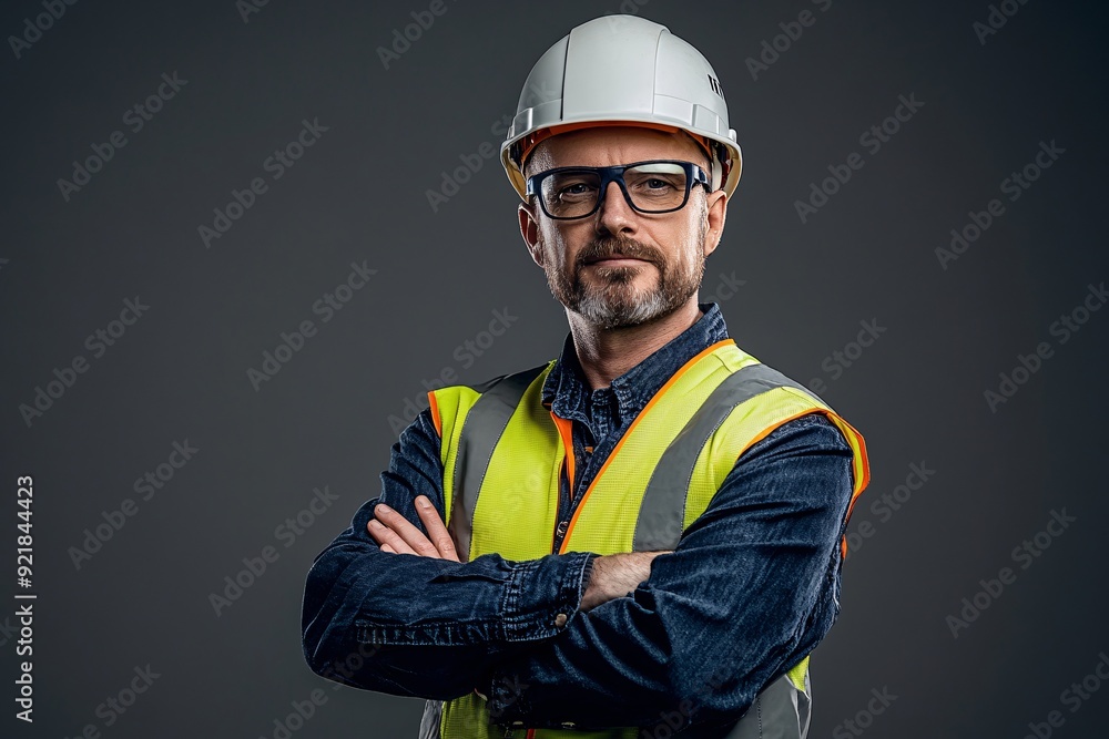 Confident Construction Worker with Safety Helmet and Tool Belt Confident Construction Worker with Safety Helmet and Tool Belt