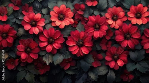 Small burgundy chrysanthemums with dark green foliage on a black background, creating a rich and dramatic floral pattern perfect for autumn fashion or elegant interiors