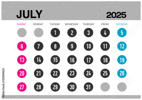 2025年の7月のカレンダー日曜始まり