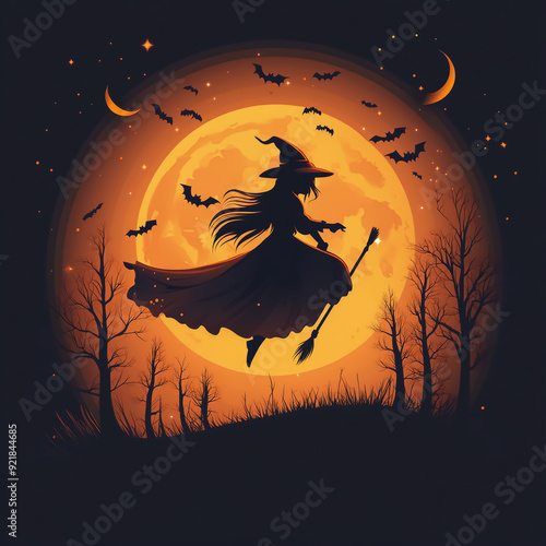 Halloween Night Witch on Broomstick - Wizard Costume and Moon Vector for Festival Posters and Flyers, Spooky Witch Flying with Bats Under Moonlight