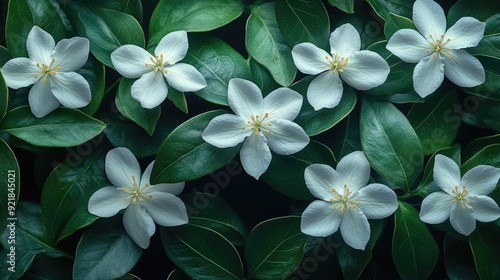 Small white jasmine flowers with dark green leaves on a black background, creating a delicate and fragrant floral pattern ideal for spa products or serene home