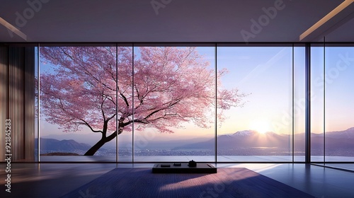  A majestic tree stands tall in front of a expansive window, offering stunning views of distant mountains and tranquil bodies of water